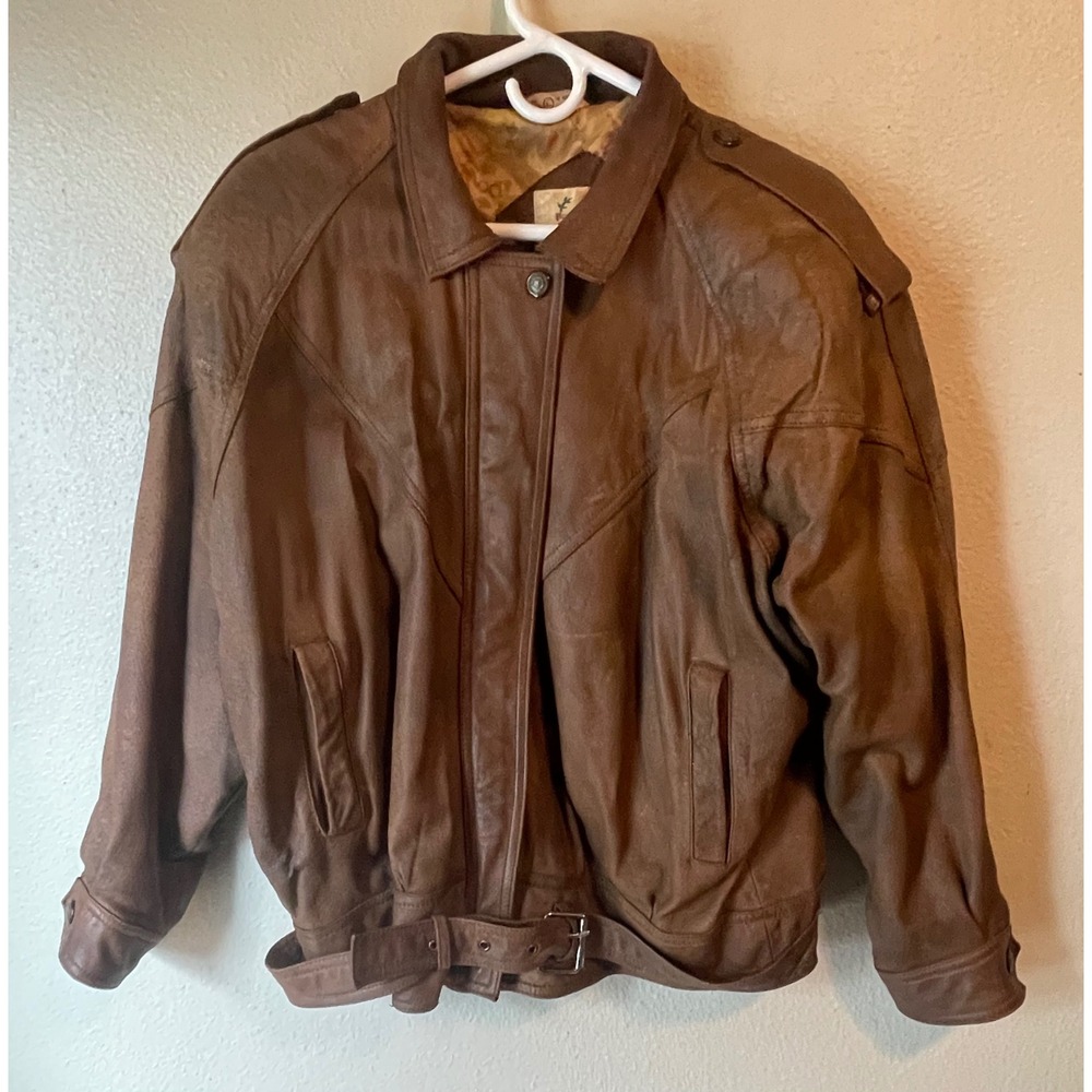 Men's Brown Leather Bomber Jacket with Belt